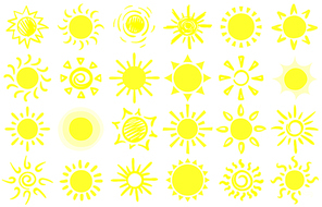 Summer sun sketch. Hand drawn suns, warm sunrise sunlight and happy sunbeam. Sun doodle, morning sunny yellow sketch. Cartoon vector isolated symbols set