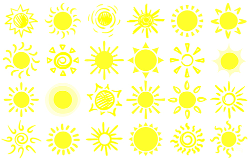 Summer sun sketch. Hand drawn suns, warm sunrise sunlight and happy sunbeam. Sun doodle, morning sunny yellow sketch. Cartoon vector isolated symbols set