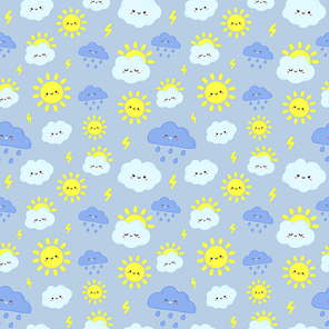 Cute rain sky pattern. Smiling happy sun, thunderclouds with lightning and rainy day clouds. Sun and cloud fabric or babys nursery wallpaper seamless vector illustration
