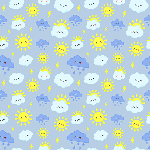 Cute rain sky pattern. Smiling happy sun, thunderclouds with lightning and rainy day clouds. Sun and cloud fabric or babys nursery wallpaper seamless vector illustration