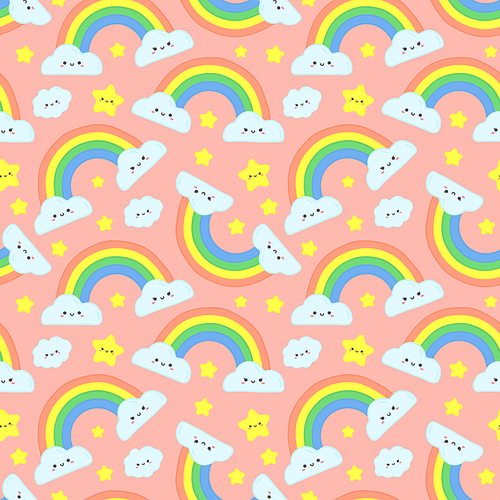 Cute rainbow clouds seamless pattern. Pink starry sky, funny rainbows and happy cloud. Rainbow doodle fabric or nursery wallpaper cartoon vector illustration