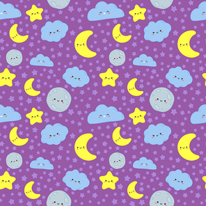 Night sky seamless pattern. Cute moon with sleep face, clouds and stars kids fabric printing. Moon night print textile or cloudy characters wrapping. Wallpaper vector cartoon illustration