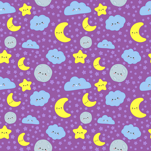 Night sky seamless pattern. Cute moon with sleep face, clouds and stars kids fabric ing. Moon night  textile or cloudy characters wrapping. Wallpaper vector cartoon illustration