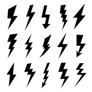 Thunderbolt silhouette. Electrical flash icon, electric high power voltage and thunder lightning silhouettes icons. Black thunderstorm instant lightnings arrows. Isolated vector symbols set