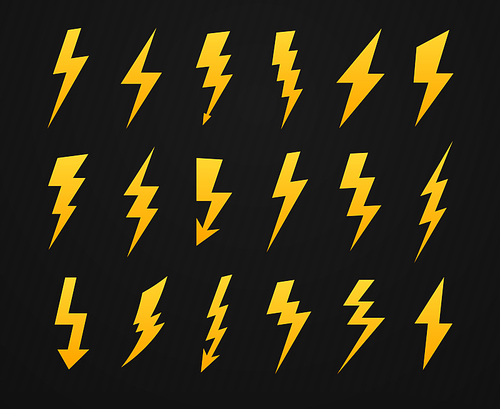 Yellow lightning silhouette. Electrical power high voltage, thunderbolt flash and energy lightnings silhouettes icons. Electricity bolts, zigzag thunder flash shape. Vector isolated symbols set