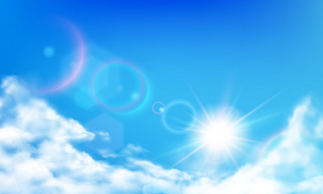 Cloudy sky. Daytime bright sun, sunny day clouds and realistic cloud in blue sky. Sunshine in clouds, fluffy heaven sky realistic vector background illustration