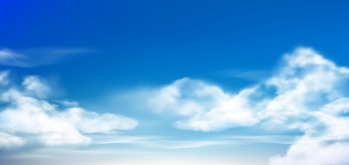 Cloud in blue sky. Fluffy clouds in cloudy daytime skies. Realistic white clouds, cumulus heaven cloud or cloudy sky vector background illustration