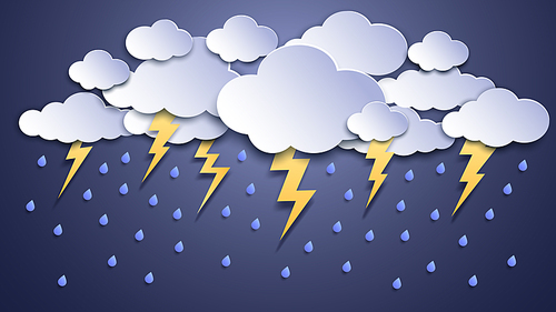 Summer thunderstorms. Storm clouds, thunderstorm lightning and rainy weather. Thunder and lightnings craft paper, dangerous thunderbolt flash meteorology vector illustration