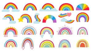 Cartoon rainbow. Colourful rainbows, heart and cloud with rainbow colors tail. Hand drawn color arc vector illustration set. Cartoon rainbow doodle, graphic colorful collection