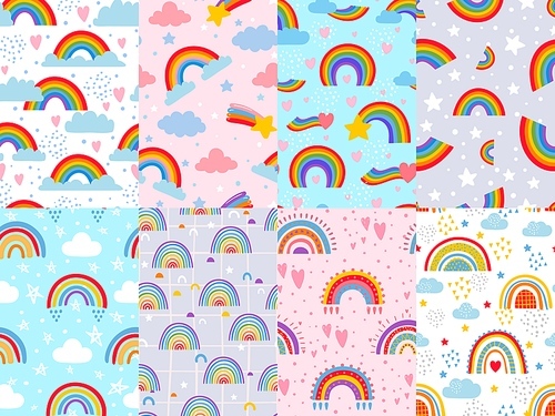 Seamless rainbow pattern. Stars, clouds and rainbows in sky, colorful arc decoration backdrop vector illustration set. Design in pastel colors for childrens room, textile and fabric