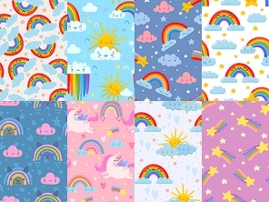Seamless cute rainbow pattern. Sky with rainbows and clouds, magic unicorn and stars. Happy smiling cloud cartoon vector backgrounds illustration set. Magic horse, dream sky pattern collection