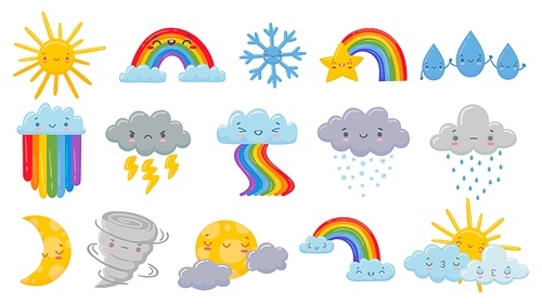 Cute cartoon weather. Happy hot sun, rainbow over clouds and funny snowflake. Snowly and rainy cloud, sleeping moon and angry hurricane vector illustration set. Rainbow and hot sun, rain and star