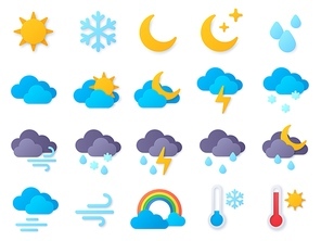 Paper cut weather icons. Symbols of rain, rainbow, sun, hot and cold temperature, winter snow and cloud. Meteo forecast pictogram vector set. Rain weather, paper craft meteorology icons illustration