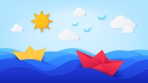 Paper sea with boats. Origami with ocean waves, ships, blue sky, sun, birds and clouds. Summer day seascape in paper cut style, vector art. Sea boat origami paper, ship and yacht journey illustration