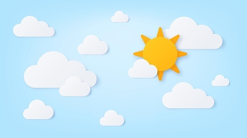 Paper sun and clouds. Summer sunny day, blue sky with white cloud. Nature cloudy scene in paper cut style. Good weather wallpaper vector art. Sun and cloudscape, cloud origami illustration