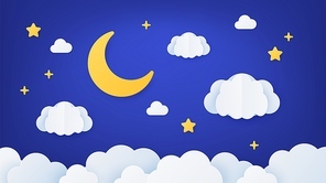 Paper art night sky. Origami dream landscape scene with moon, stars and clouds. Paper cut cartoon decoration for baby sleep, vector concept. Illustration paper cartoon, night decoration with stars