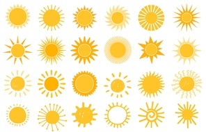 Cartoon sun icon. Flat and hand drawn summer symbols. Sunshine shape logo. Morning sun silhouettes and sunny day weather elements vector set. Bright orange sunlight with beams and rays