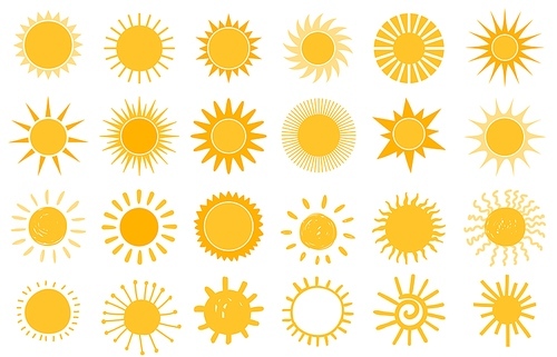 Cartoon sun icon. Flat and hand drawn summer symbols. Sunshine shape logo. Morning sun silhouettes and sunny day weather elements vector set. Bright orange sunlight with beams and rays