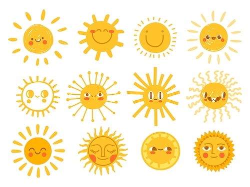 Sun characters. Cartoon sunshine emoji with funny faces. Children nursery decoration with sunny day designs. Kid happy morning vector set. Warm shining beams with smiling cheerful faces