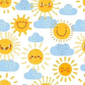 Cartoon sun seamless pattern. Print for nursery with summer sunny day sky with clouds. Cute baby sunshine with funny emoji faces vector set. Warm weather elements for kids wallpaper