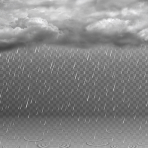 Realistic rain cloud. Dark stormy sky, falling water drops, clouds and ripples in puddles. Rainy weather effect isolated vector background. Illustration dark storm and rainy sky