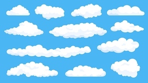 Cartoon fluffy white clouds on summer blue sky. Cloudy weather comics elements. Simple flat abstract cloud shape for game or logo vector set. Bright day with good climate, meteorology