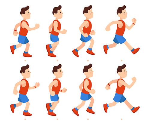 Flat running man. Athletic boy run animation frames sequence profile. Runner male in tracksuit jogger frame, legs animations young human train sprinter isolated cartoon vector illustration