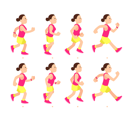 Cartoon running girl animation. Athletic young woman character profile run or fast walk. Animated motion sport walking side view, long distance runner vector illustration