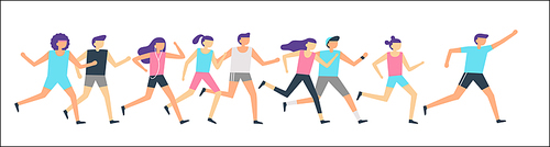 Jogging runners group. Morning running, adult people training sport run and outdoor jog. Fitness runner healthy fitness exercising or sprint run competition flat vector illustration