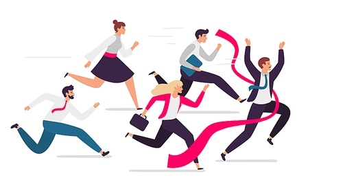 Office team crosses finish line. Team leader tears red finish ribbon, teamwork competition and successful professionals run together. Business team winning isolated flat vector illustration