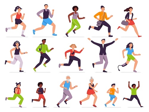 People run. Running person, fast girl and sprinting boy. Jogging kids, man and woman. Runners characters vector illustration set. Athletes training, children late for school. Healthy lifestyle, haste