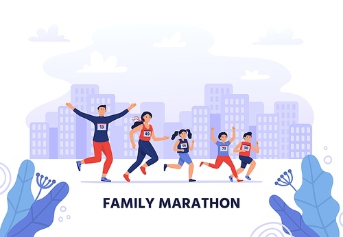 Family marathon. Happy parents run together with kids. Healthy lifestyle, jogging people vector illustration. Young couple bonding with little children. People participate in sportive activity