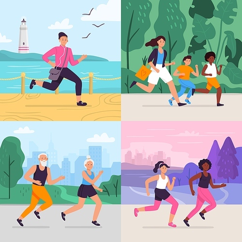 Cartoon running workout. Runner run outdoor at park fitness track, athlete on stadium, sportsman runners vector illustration set. Collection of happy people jogging or performing sports exercise.