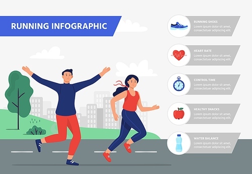 Run infographic. Outdoor aerobics fitness training, running exercise gear infographic Health vector illustration. Banner template with happy runners or jogging people and list of healthy indicators.