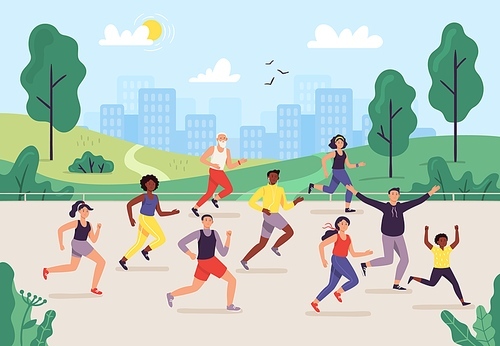 Park marathon. People running outdoor, joggers group and sport lifestyle. Jogging vector illustration. Male and female runners or athletes taking part in race or sprint, performing exercise together.