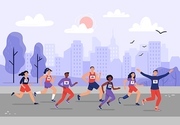 City marathon. People running together, athletic training and sport marathons runners vector illustration. Male and female sprinters taking part in sprint race against urban buildings on background.