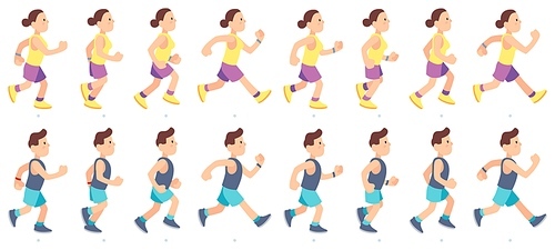 Man and woman character running. People animation. Sport athlete wearing sportswear having marathon race. Jogging couple having fitness or workout, healthy lifestyle vector illustration