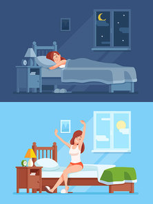 Lady peaceful sleeping under duvet in comfortable bed at night, waking up in morning and stretching sitting on soft mattress. Woman sleep in bedroom cartoon vector concept