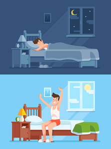 Man sleeping under warm duvet at night, waking up morning and getting out of comfortable soft bed. Peacefully sleep in comfy bedding cartoon vector concept