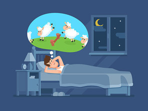 Sleepless man in bed trying to fall asleep counting jumping sheeps. Count sheep for insomnia cartoon vector concept