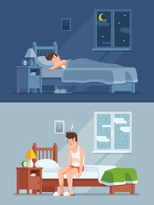 Man sleeping under duvet at night, waking up morning with bed hair and feeling sleepy and tired. Sleep disorder, insomnia cartoon vector concept