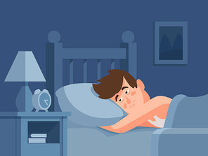Exhausted adult man with nightmare insomnia lying in bed on mattress at dark night background with blanket. Sleepless person awake with tired face on bedroom pillow cartoon vector illustration