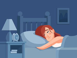 Woman character with insomnia or nightmare lying in bed at night bedroom background. Sleepless female sick blanket person bedding awake with dark tired sadness face cartoon vector illustration