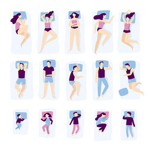 People sleeping poses. Adult and child sleep pose. Man on pillow, woman and young kids sleeping in bed. Sleep position, person bedding dreaming. Isolated vector illustration icons set