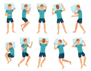 Man sleeps in different poses. Male character sleep, mans sleeping in bed top view vector illustration set. Collection of boy lying in various positions or postures during night rest or slumber.