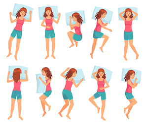 Woman sleeps in different poses. Healthy night sleep, sleeping pose and female character sleep on pillow cartoon vector illustration set. Bundle of girl lying in various postures during night repose.