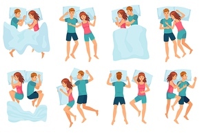 Couple sleeps in different poses. Man and woman sleeping together, couple in bed and healthy night sleep vector set. Cute boy and girl slumbering. Male and female cartoon characters falling asleep.