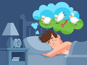 Man counts sheep to sleep. Insomnia cartoon vector illustration. Insomnia man, animal jumping at night, counting sheeps in bed