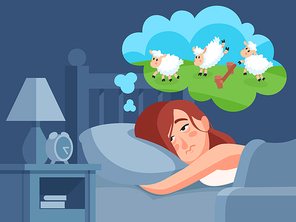 Woman counts sheep to sleep. Insomnia cartoon vector illustration. Girl counting sheep lie on pillow, insomnia and sleeplessness, sleeping and thinking