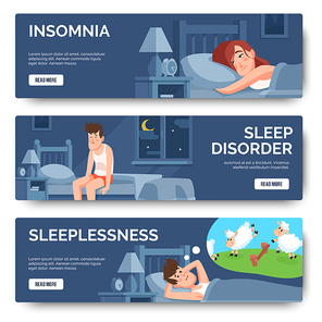 Insomnia, sleep disorder isolated banner set. Insomnia in bed, disorder and sleeplessness. Vector illustration